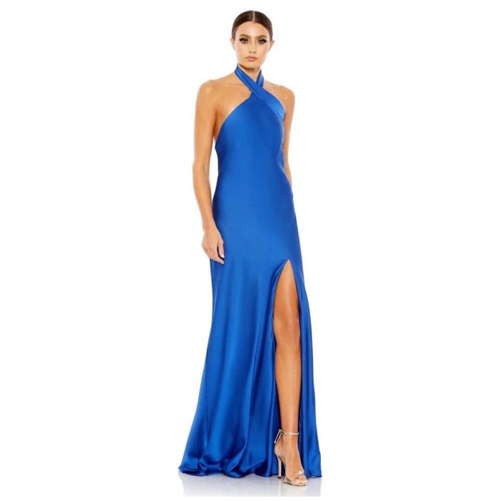 Mac Duggal 26925 Cobalt Blue Asymmetrical Crisscross HalterGown Size 8